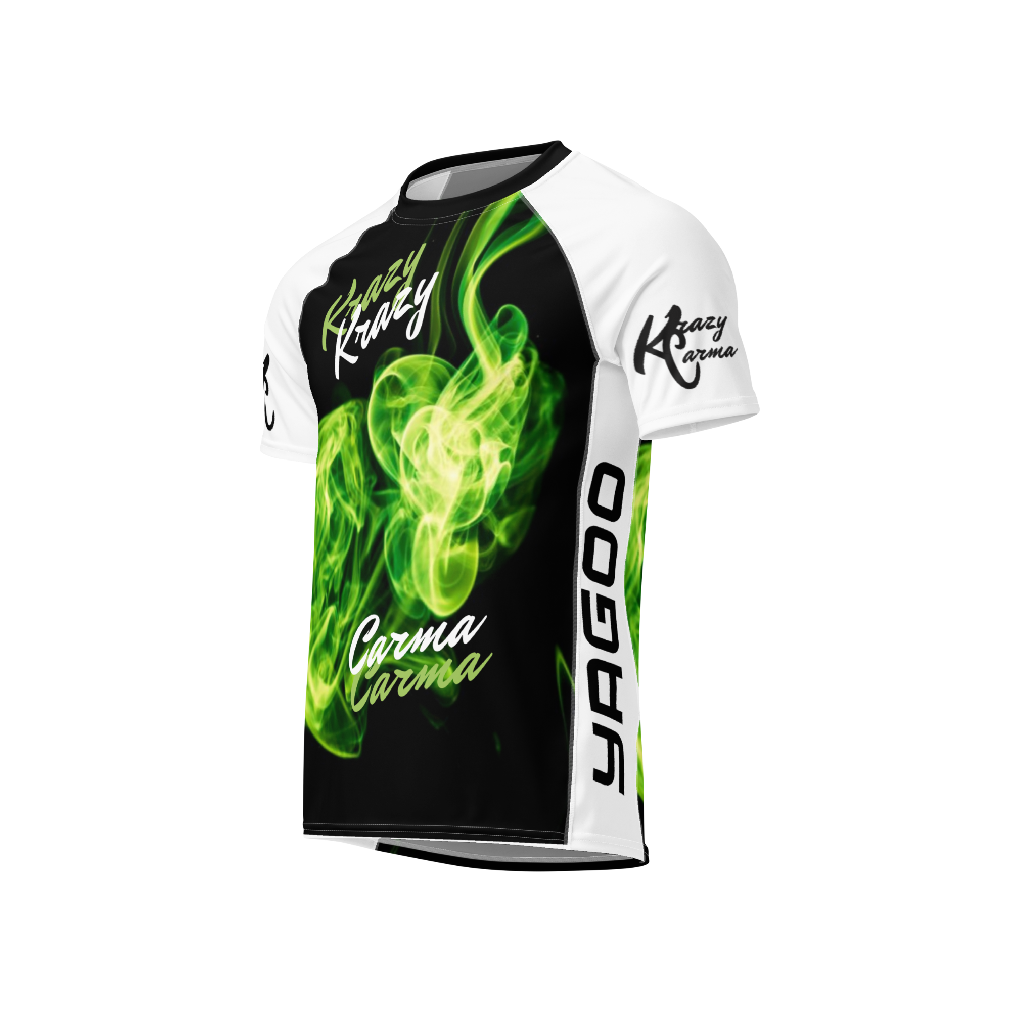 White and black sports jersey with green smoke design and 'Krazy Karma' text on a white background